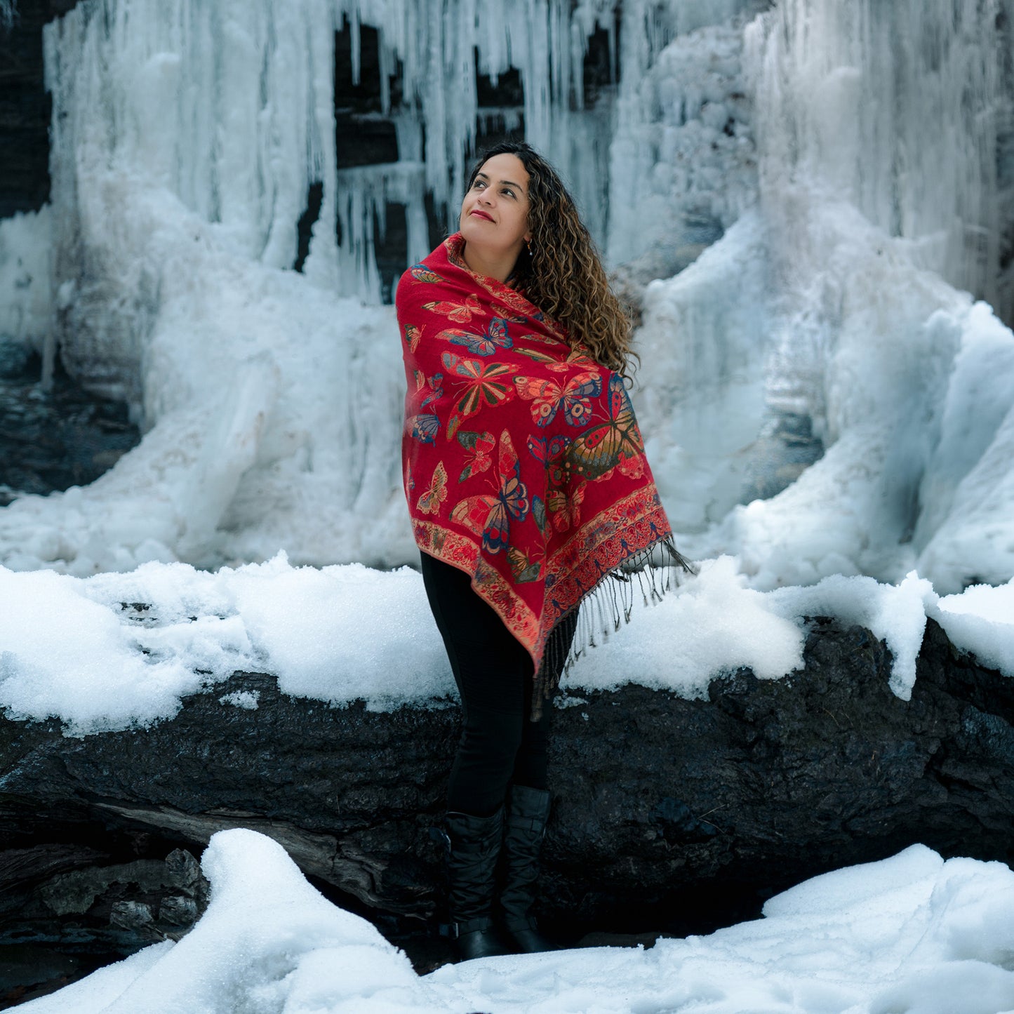 red monarch butterfly reversible shawl artisan wrap in snowy landscape Canada