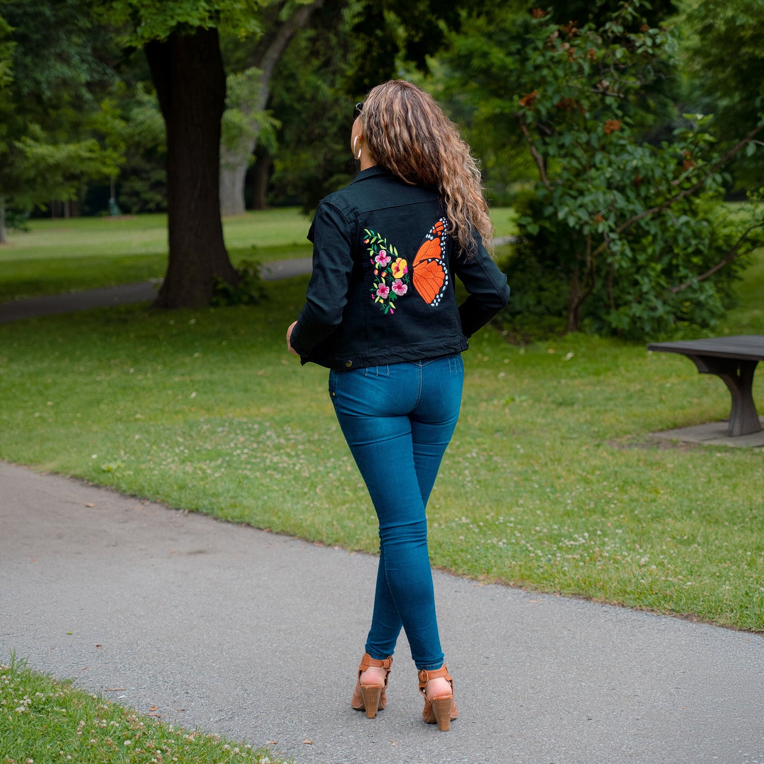 Monarch butterfly jackets Canada embroidered denim artisan collection with floral design for women