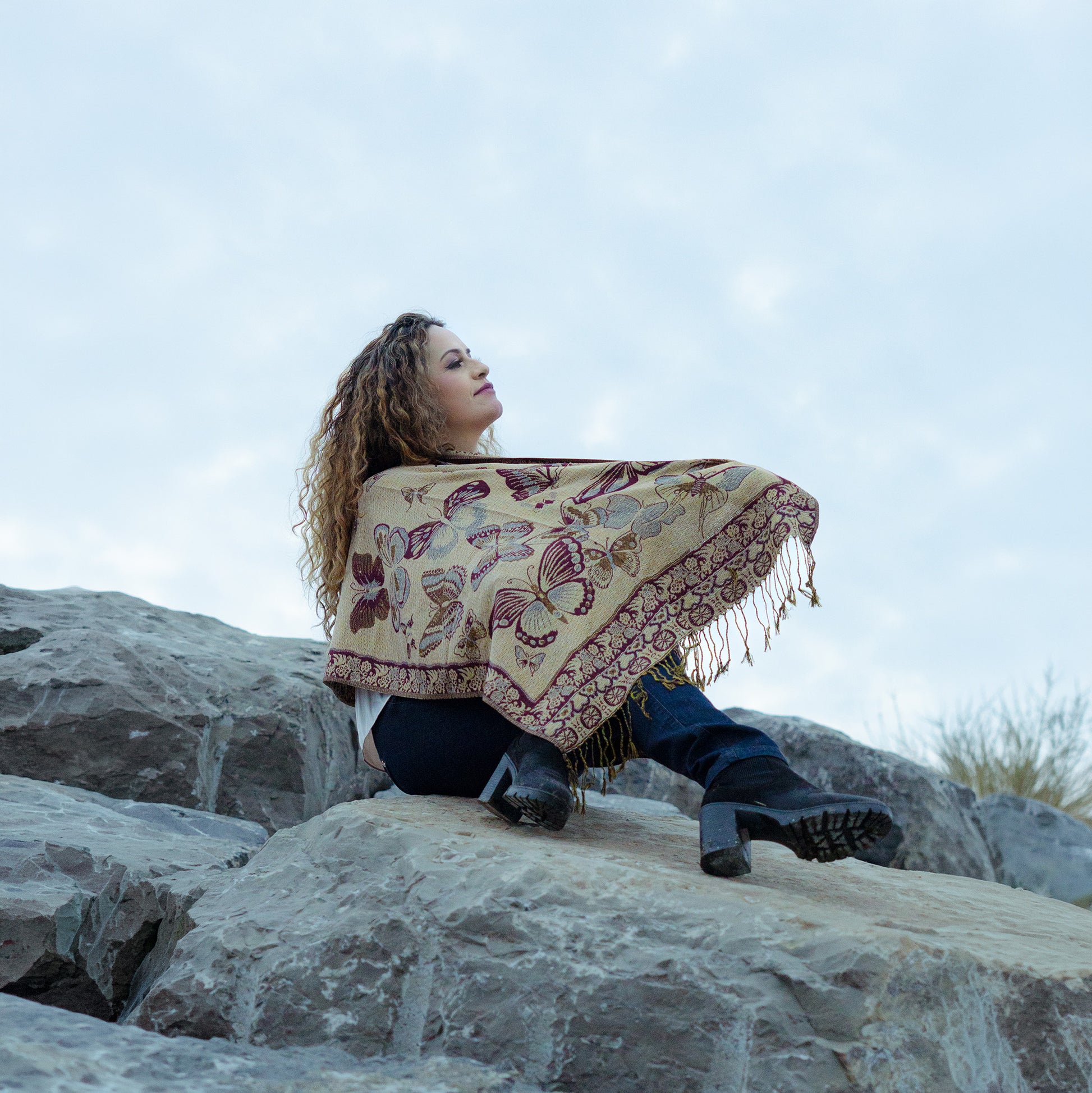 beige monarch butterfly reversible shawl elegant artisan wrap outdoor lifestyle