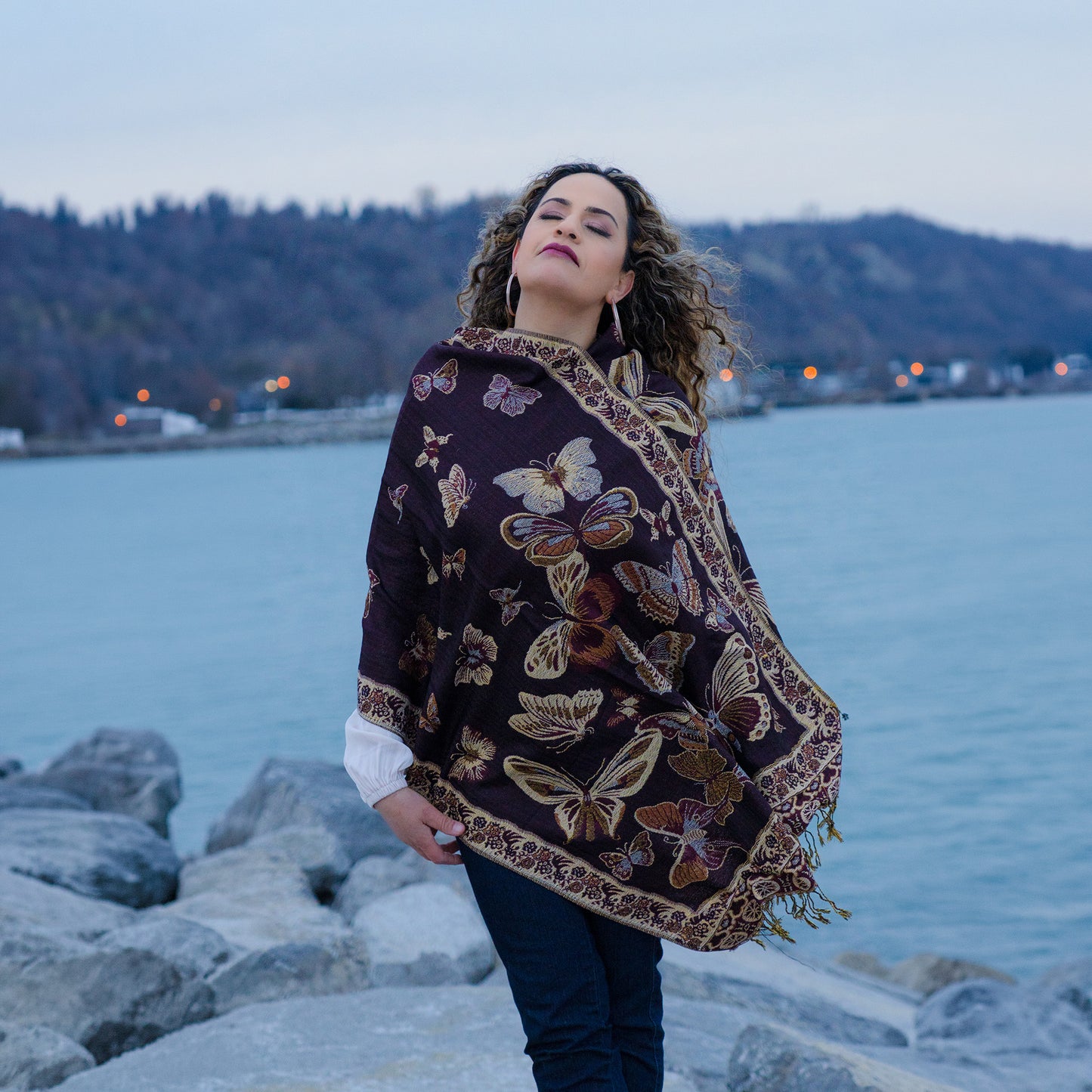 dark brown monarch butterfly shawl reversible artisan wrap canada