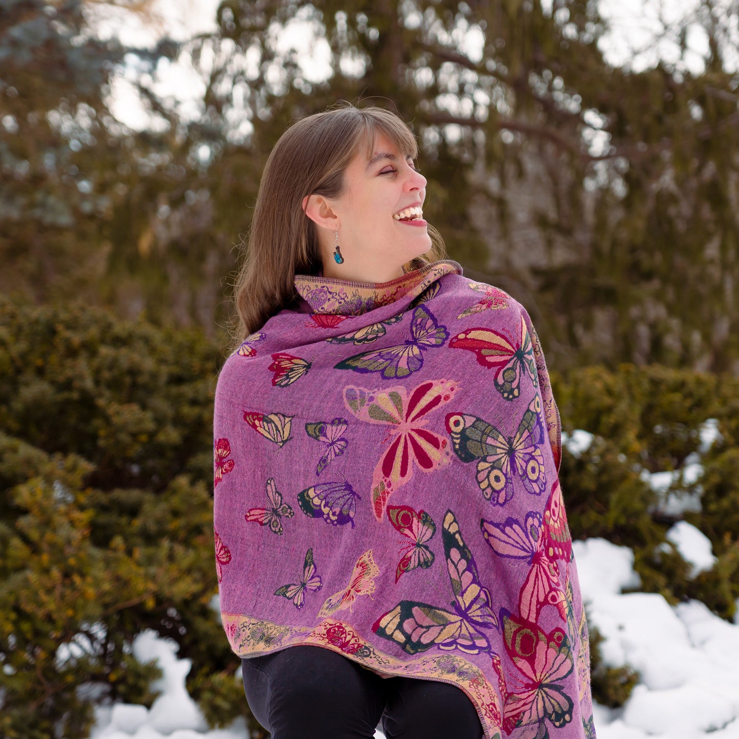 mauve butterfly wrap Canada winter style cozy elegant shawl