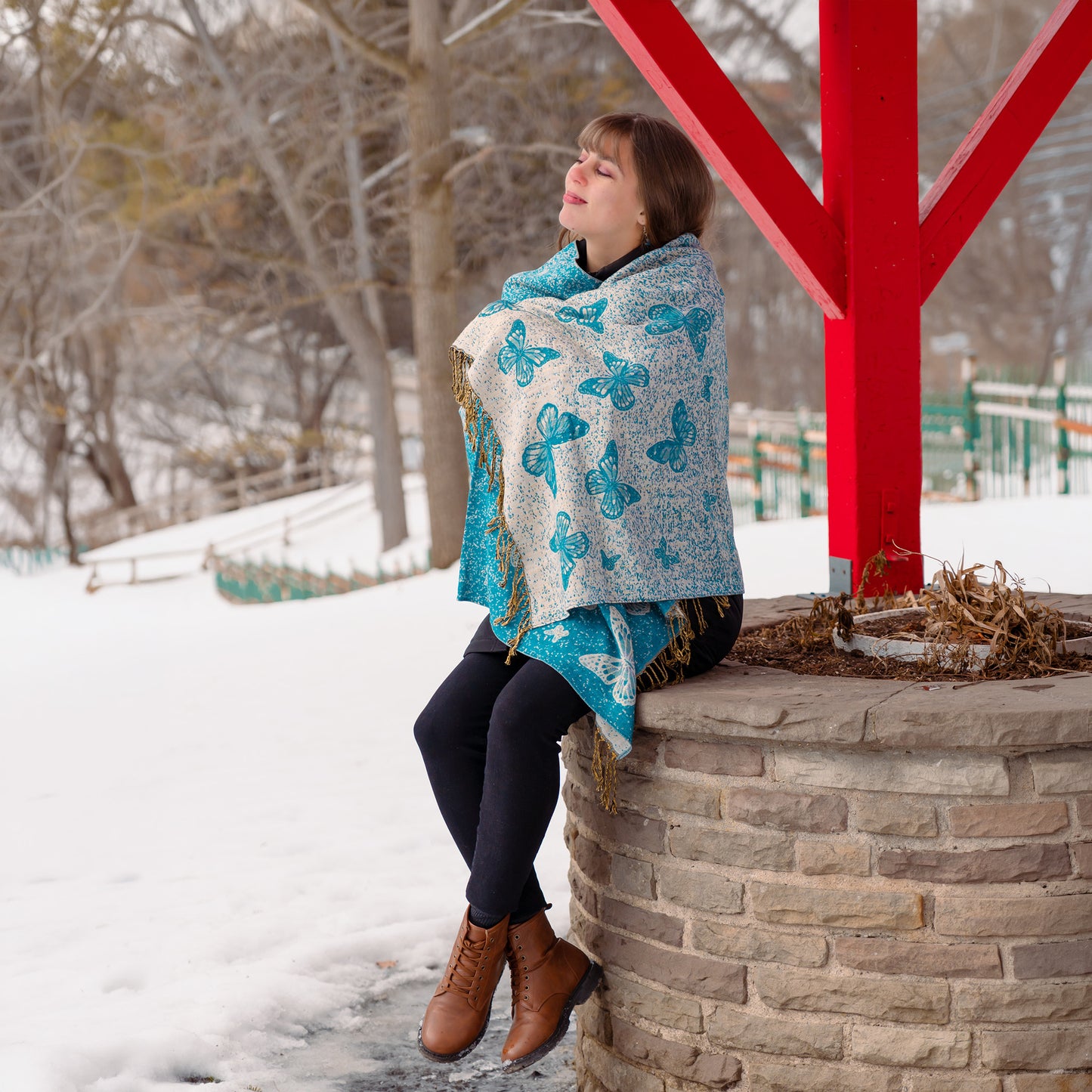 Handmade reversible shawl with monarch butterfly pattern warm elegant wrap for winter Canada