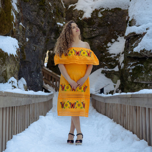 Yellow embroidered monarch butterfly dress handmade Mexican artisanal fashion available in Canada
