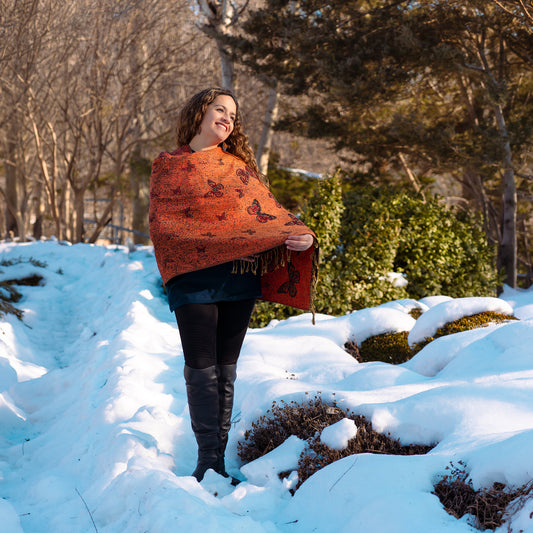 orange butterfly shawl for women in winter Canada with monarch butterfly design