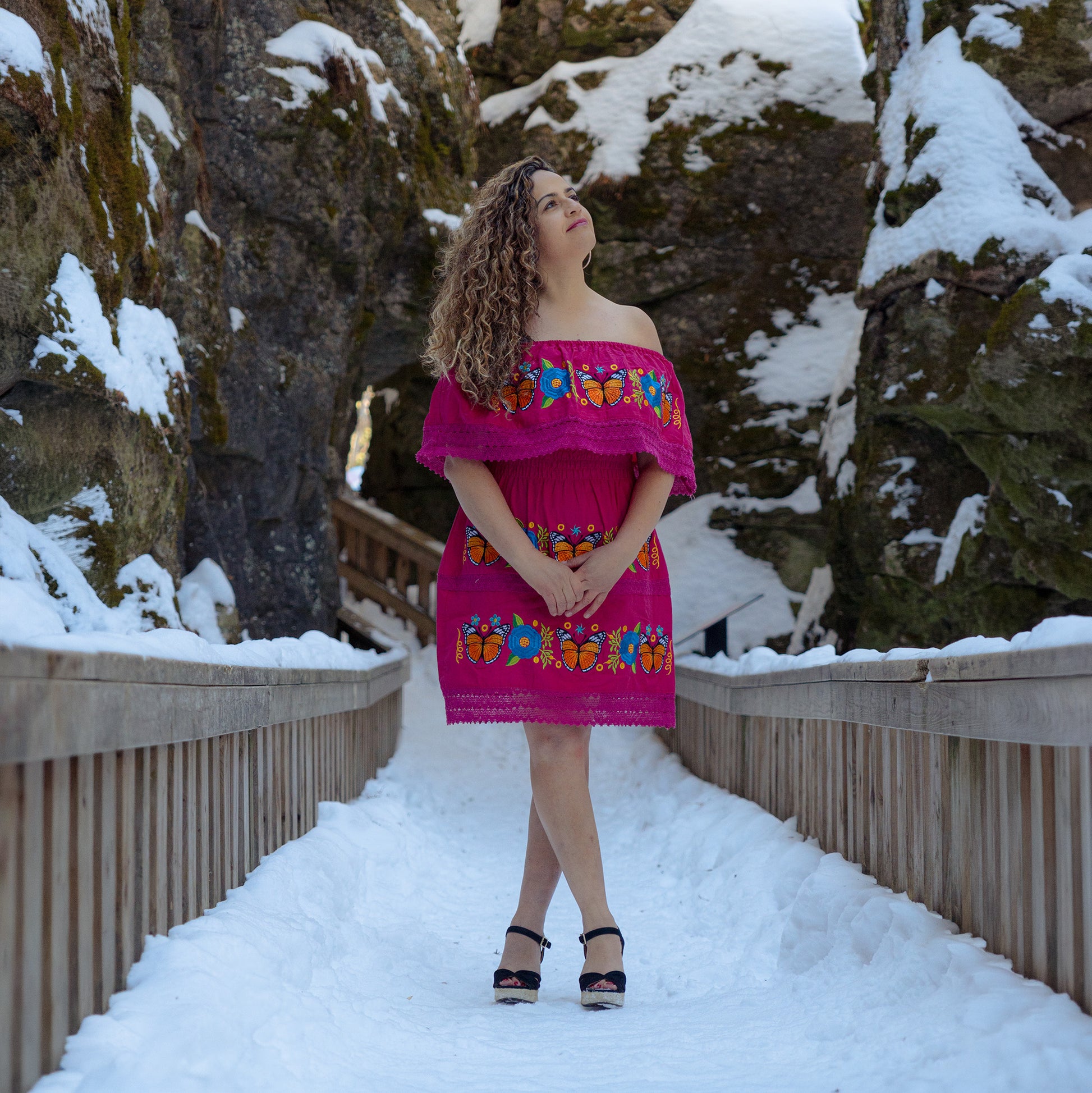 pink monarch butterfly embroidered dress handmade artisan dress with floral embroidery and traditional design