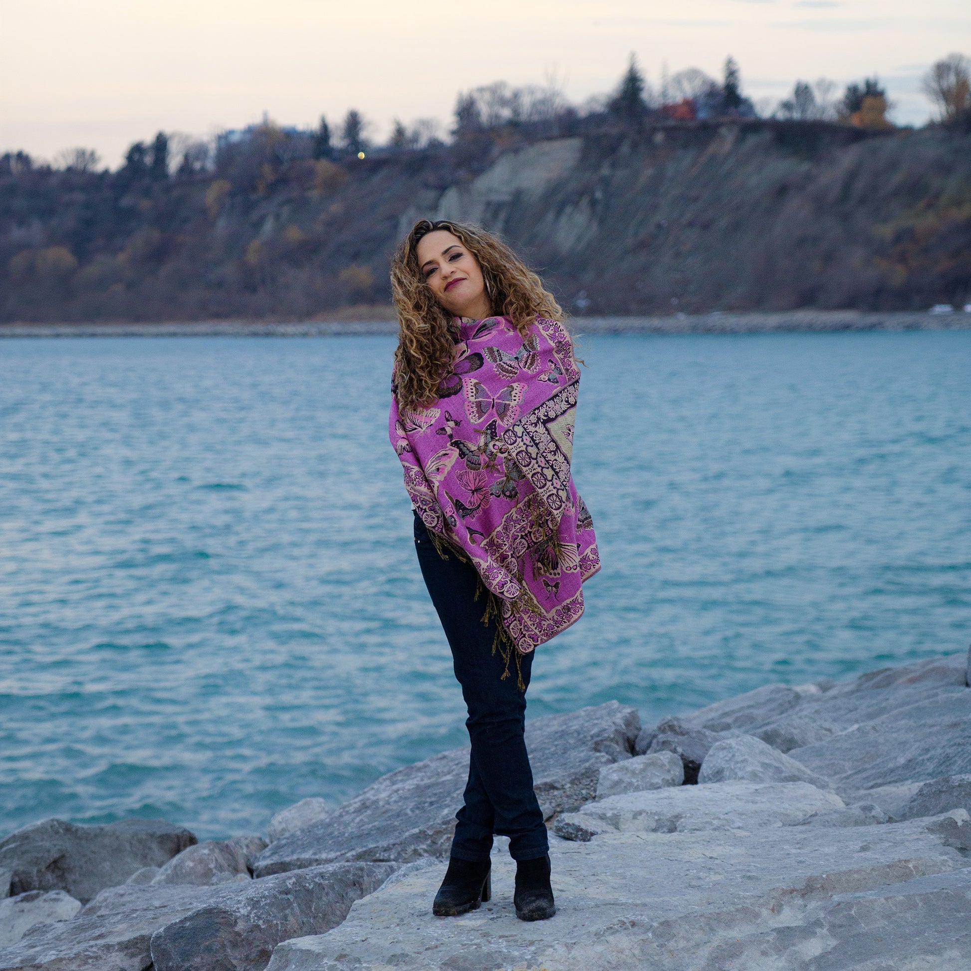 purple monarch butterfly shawl reversible artisan wrap canada