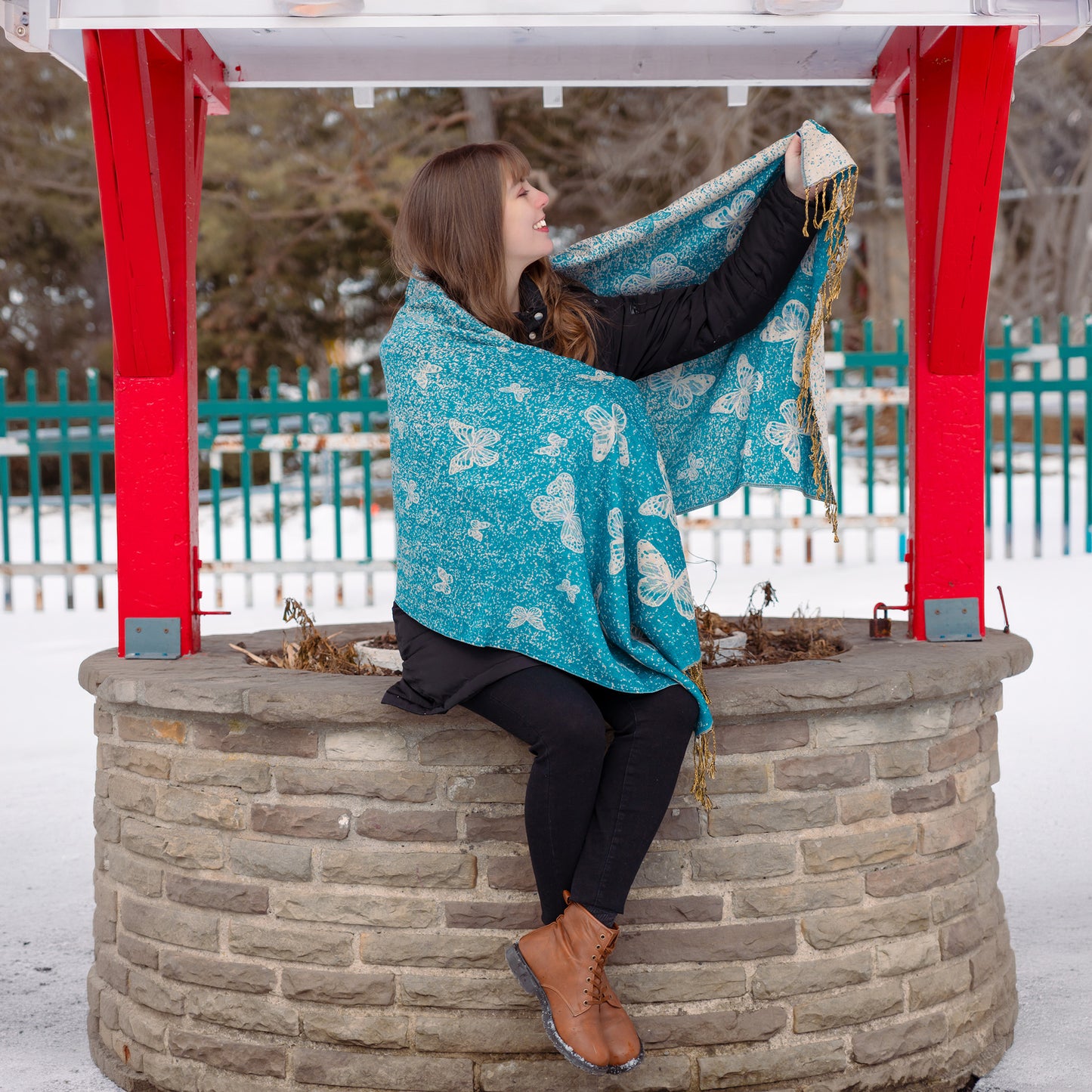 Reversible monarch butterfly embroidered shawl handmade artisan wrap in Canada with dual design