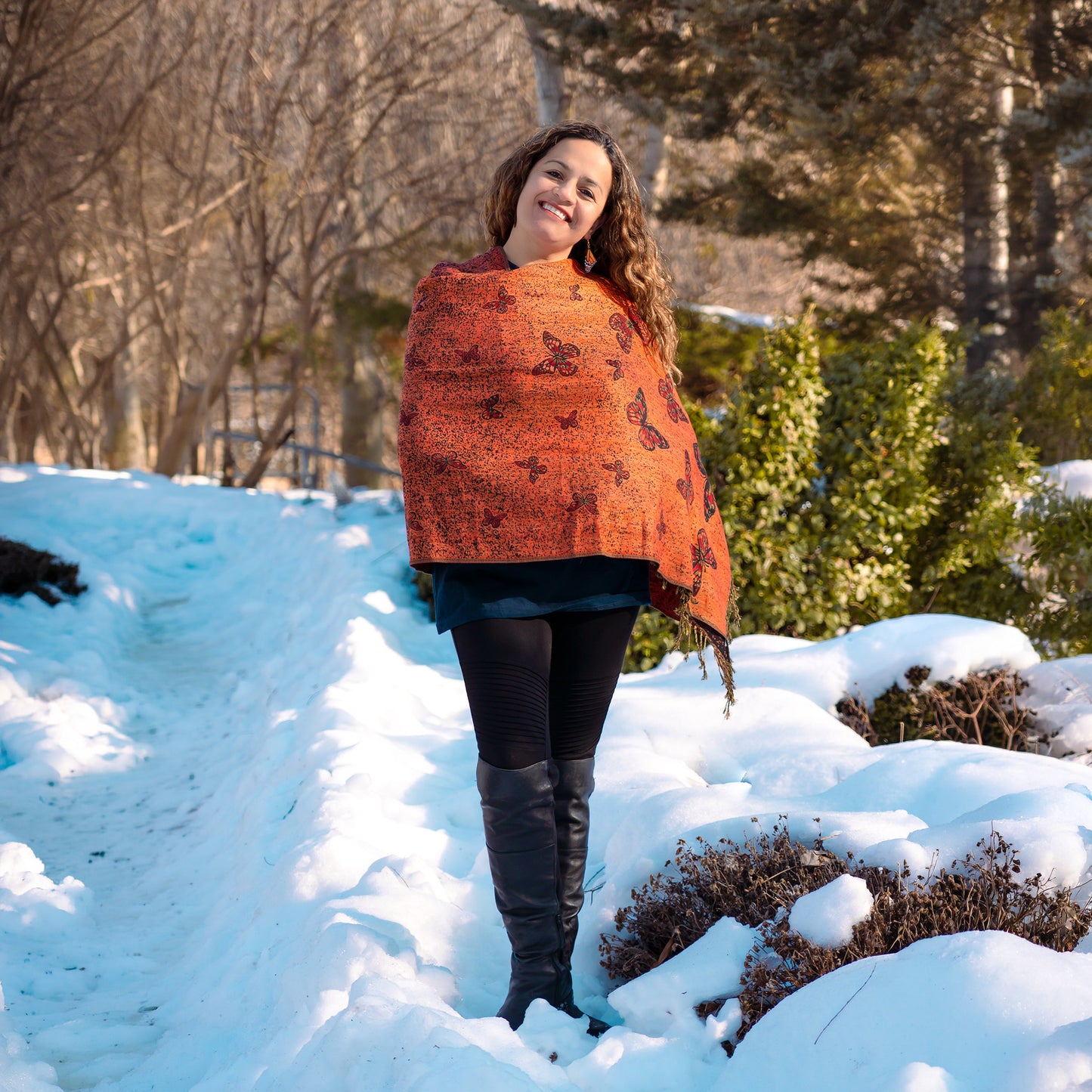 rust orange butterfly wrap Canada winter style cozy shawl
