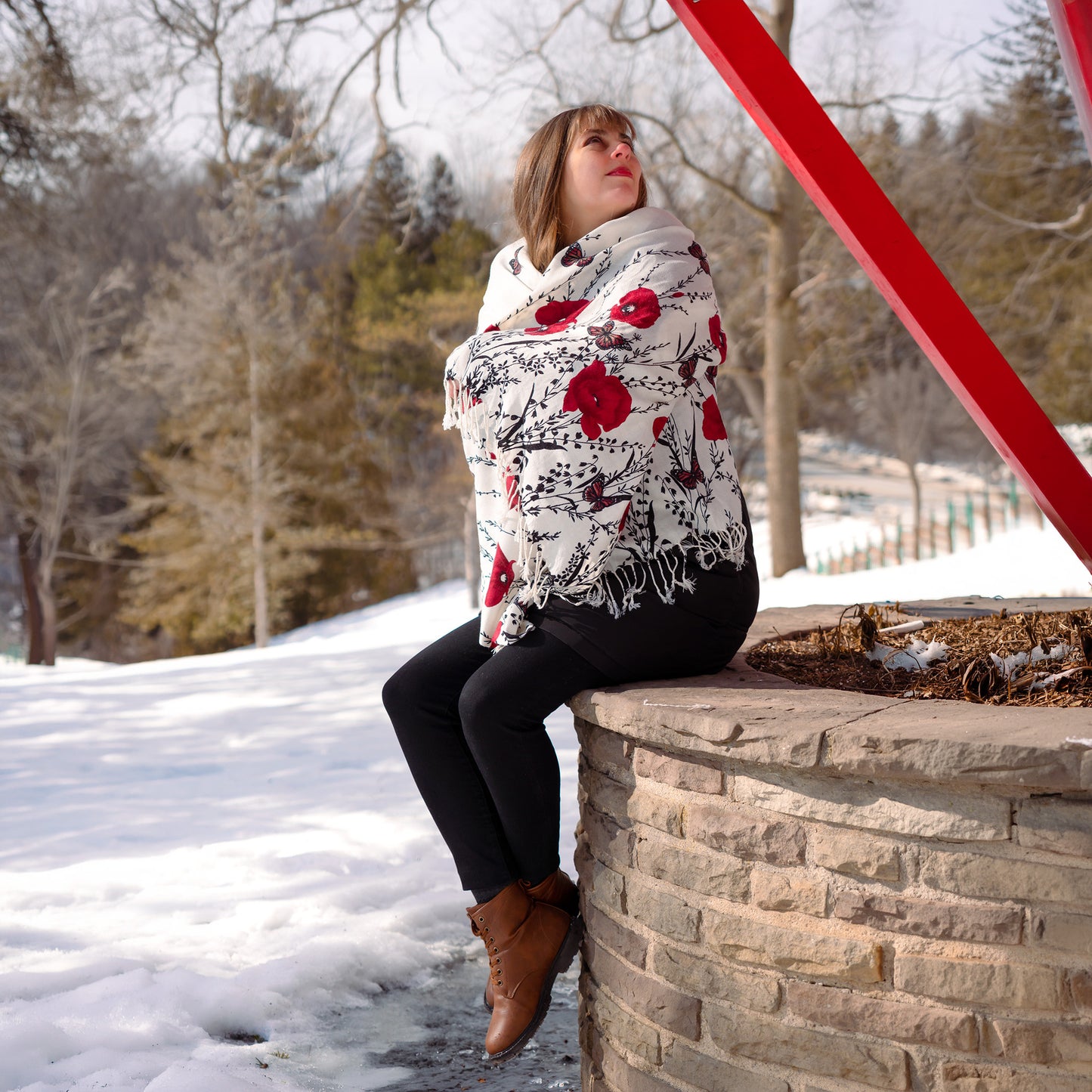 White reversible shawl with red floral and monarch butterfly embroidery handmade artisan wrap